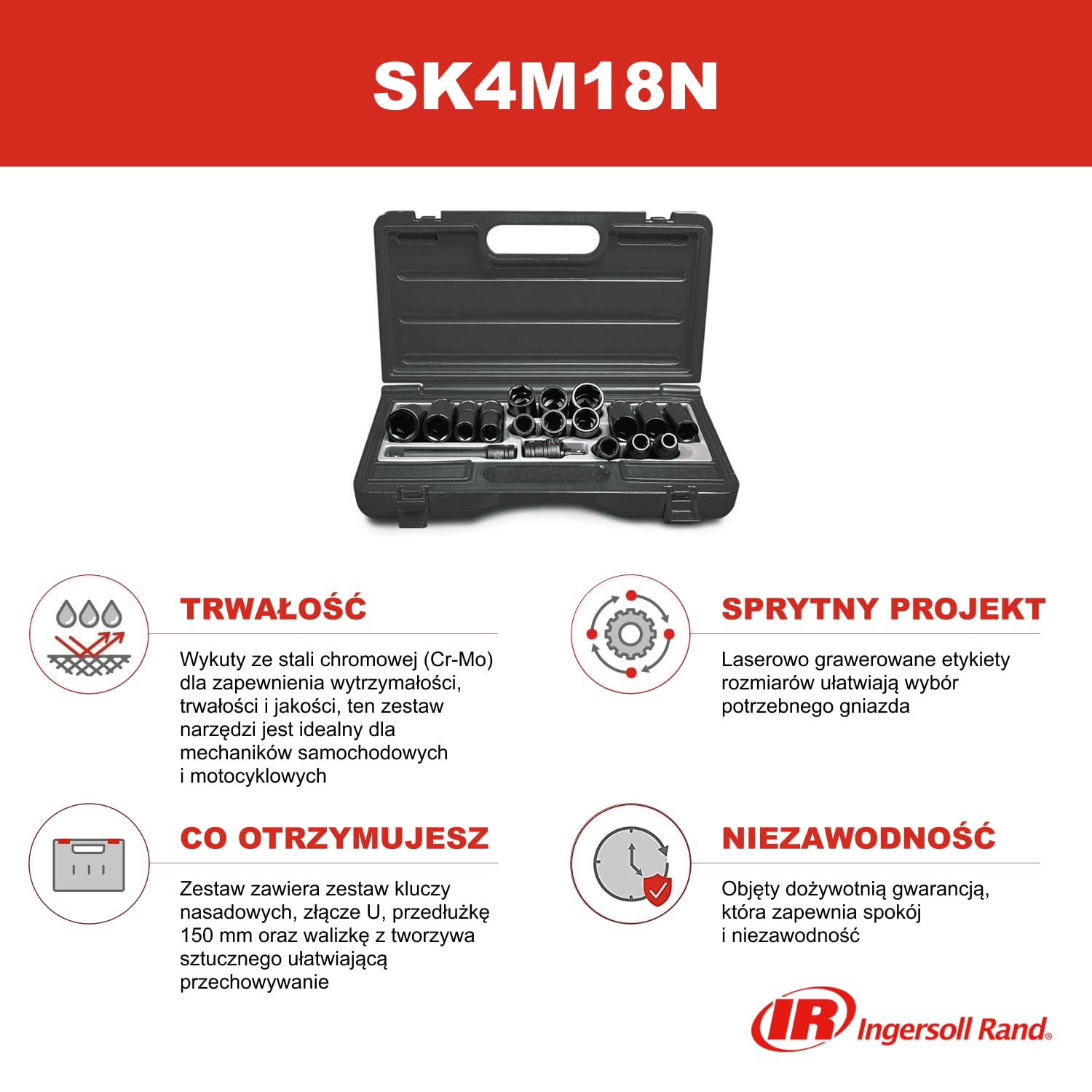 Ingersoll Rand SK4M18N SK4M18LN - Zestaw 18 Uniwersalnych i Metrycznych Nasadek Udarowych, 1/2" Napęd, Pełny Zestaw