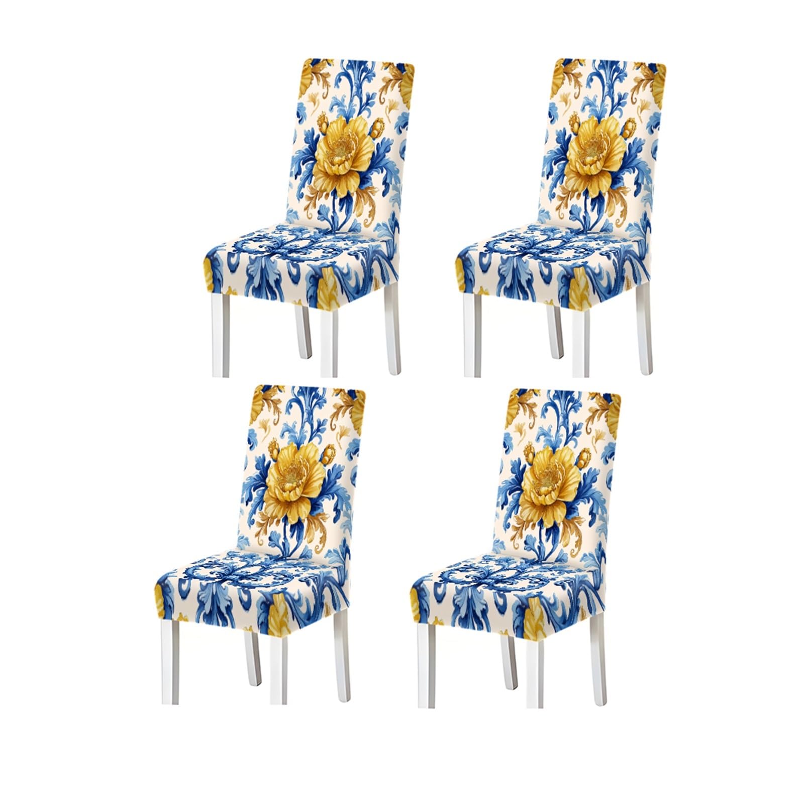 FZJKGH Blue Gold Peony Baroque Damask Floral Pattern Print Dining Chair Covers Set Of 2/4/6, Stretch Slipcovers For Kitchen Dining Room Removable Stretch Slipcovers for Dining Chairs(4PCSChair cover)