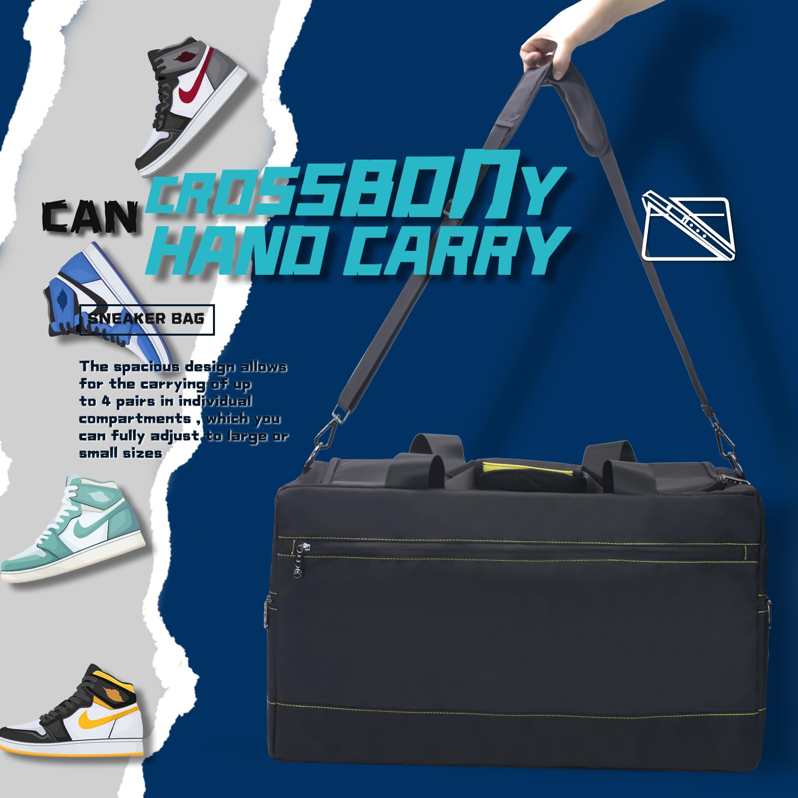 Borsone da viaggio per sneaker, impermeabile, per sport, palestra, da viaggio, con 3 divisori regolabili, tracolla, Giallo, Borsone sportivo