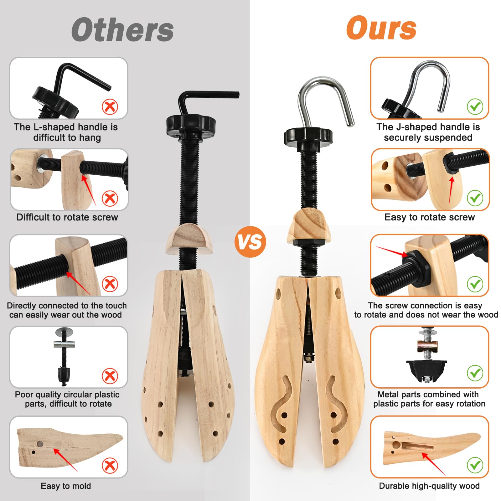 JJDPARTS - Varilla de zapatos de madera, par expansor de zapatos de 4 vías, extensor de madera, patrón en espiral para mujeres y hombres