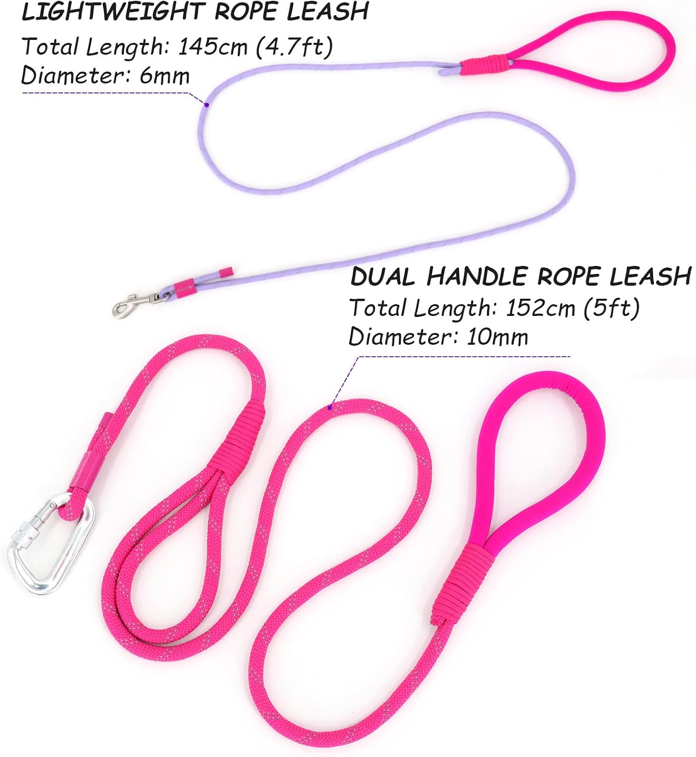 5ft Double Handle Dog Leash and 4.5ft Lightweight Premium Rope Dog Leashes, Reflective Pet Leashes for Small Medium and Large Dogs (Lively Pink+ Lilac Purple)