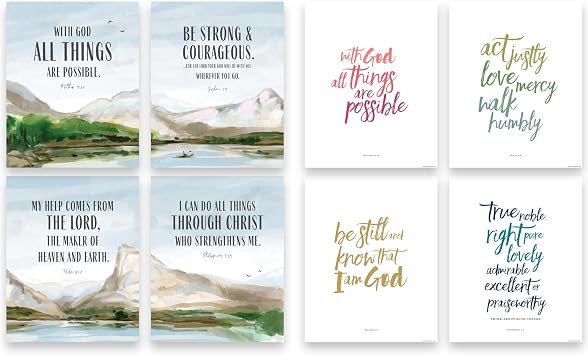 Scriptionery 4 pIece Mountains and 4 Piece Calligraphy Bible Verse Wall Art Bundle - 8x10 - Unframed