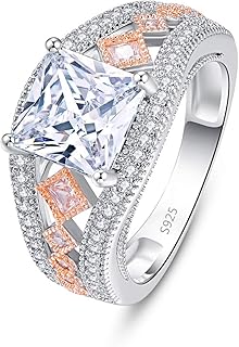 Empsoul 925 Sterling Silver Wide Ring Princess Cut 7x7mm White Topaz Rose Gold Bridal Wedding Ring Size 6