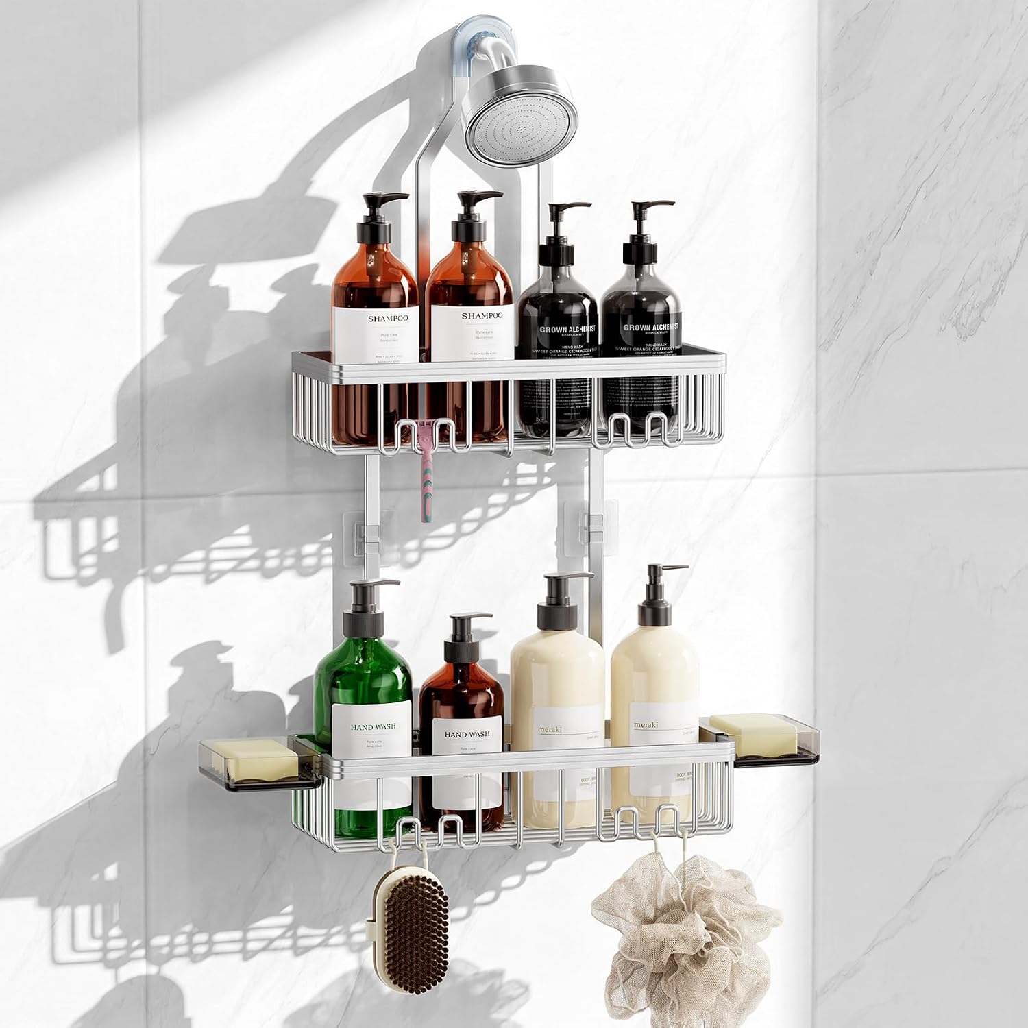 Shower Caddy Hanging, Never Rust Shower Organizer Hanging, Aluminum Shower Racks for Inside Shower with Hooks for Razor, Bathroom Organizers and Storage with Soap Holder, Bright Silver