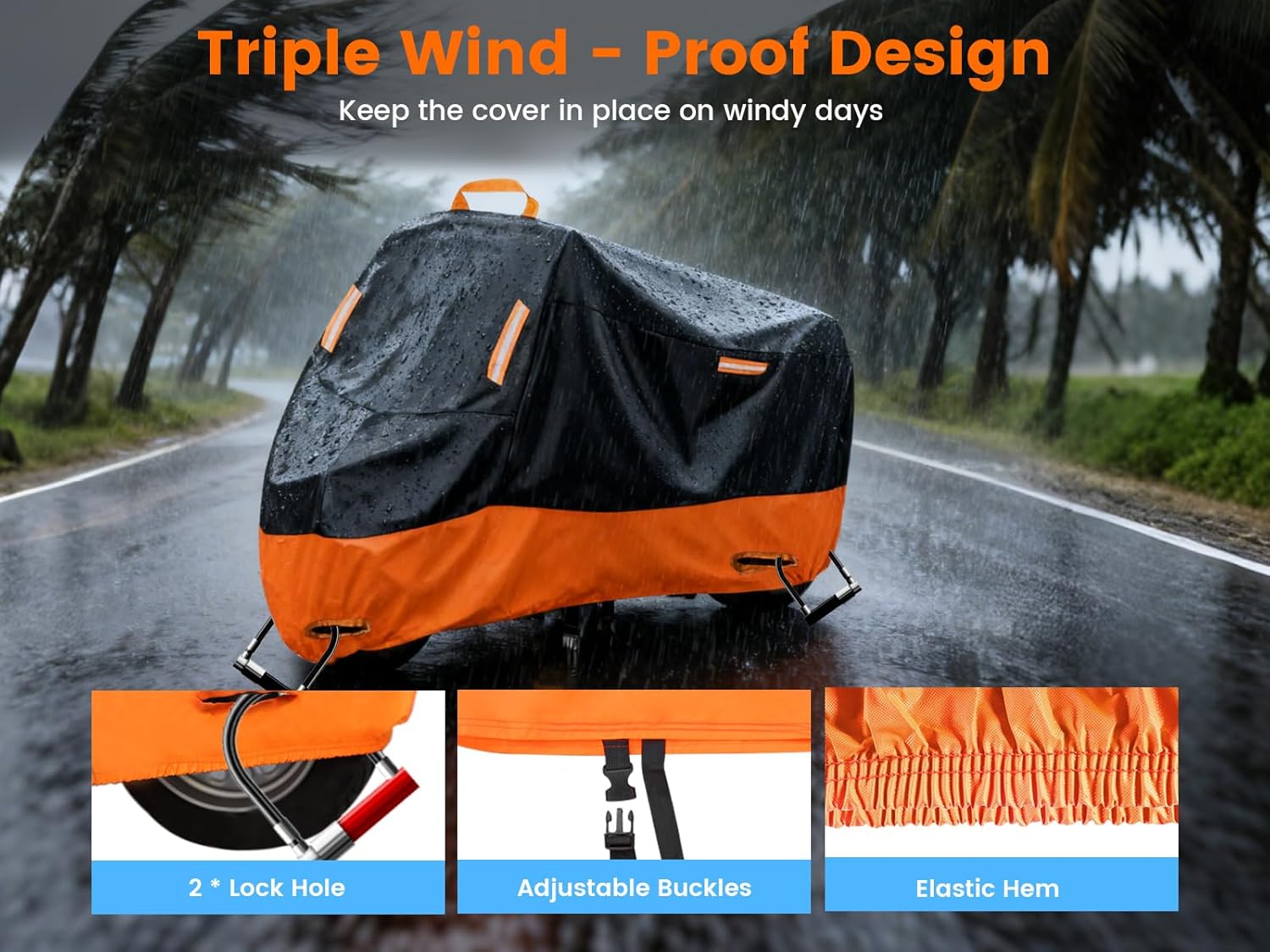 Motorcycle Cover Waterproof Outdoor,420D Heavy Duty, Rain & UV Resistant,Motorcycle Covers with Storage Bag & Buckles, All Seasons Protection Powersports Vehicle Cover Fits up to 104.3" (3XL)