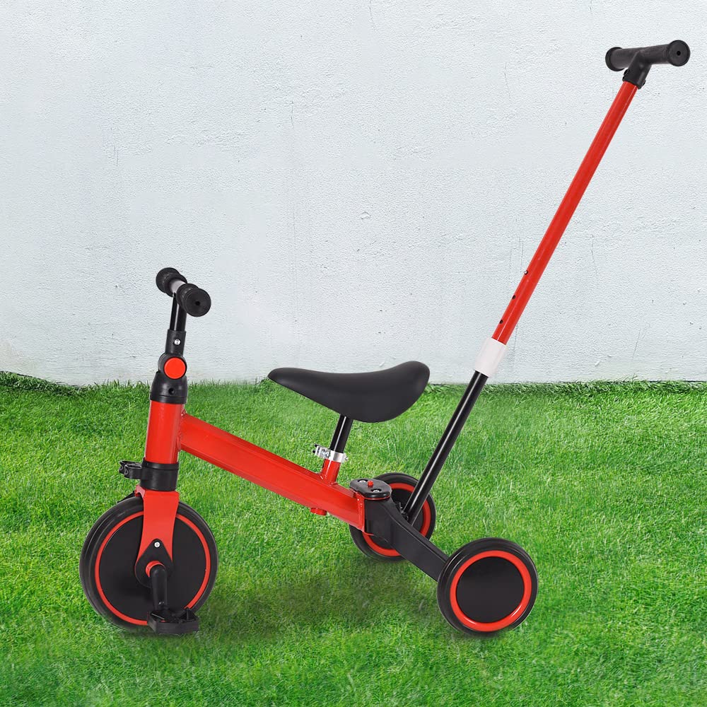 Triciclo Bambini, Triciclo Bimba e Bimbo con Maniglione ad Altezza Regolabile, Max 25 kg, Giochi per Bambini 18 Mesi, 2-5 Anni, Ruote Silenziose, Asta di Spinta-3 in 1 (rosso)