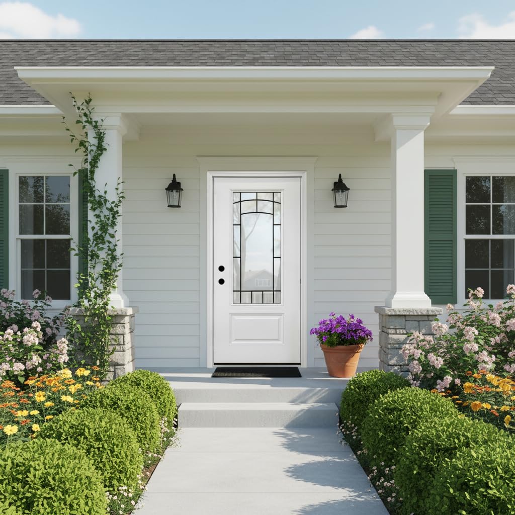 36" x 80" Fiberglass Exterior Front Door, Left-Hand Inswing, Exterior Doors for Home Entry with Frosted Glass for Privacy, LVL Stile Construction, Knock-Down Kit with Brickmould, Decorative Glass