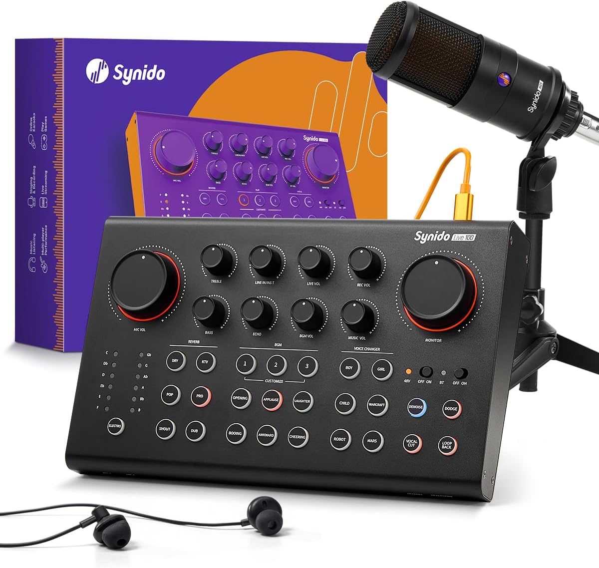 Podcast Equipment Bundle All-in-One Live Sound Card Podcast Production Studio Audio Interface with 48V Phantom Power, Condenser Microphone for Live Streaming, Guitar, Voice Over, PC, Black