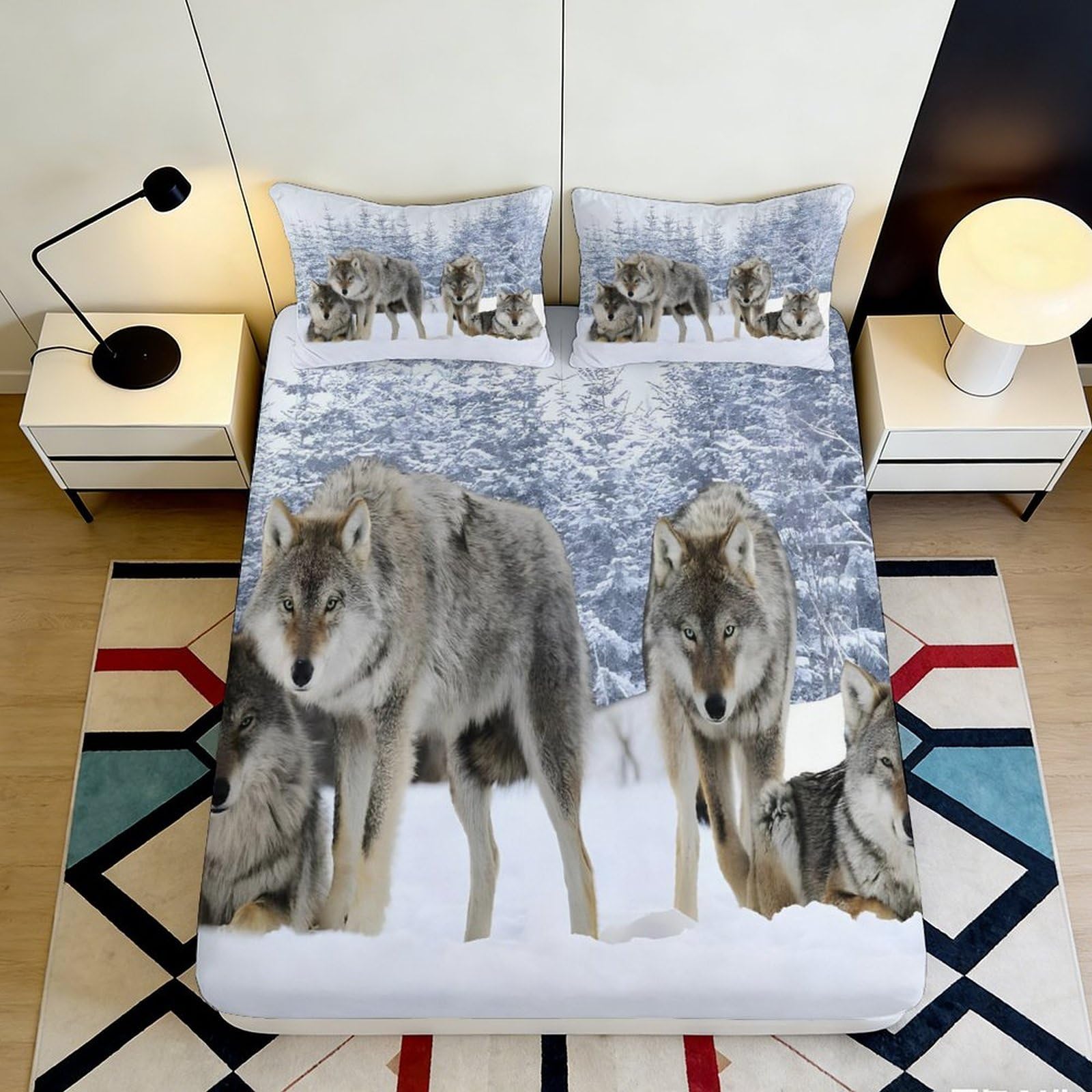 3D Printed Wolf Forest Fitted Sheet Microfiber Soft Breathable Snow Scenery Bed Cover for Bedroom Guestroom Decor 90x200x25cm