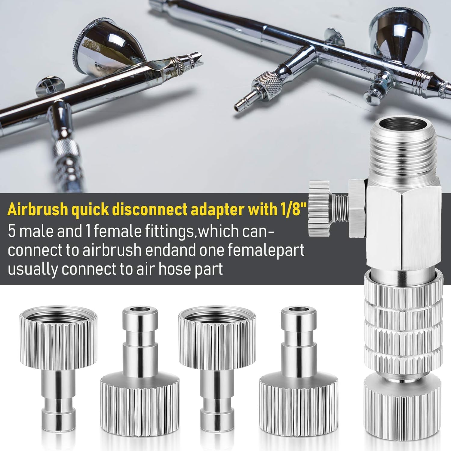 Airbrush Quick Release Coupling Adapter Kit Spray Gun Disconnect Adapter Set with 1/8 Inch 5 Male and Female Connectors and 1/8 Inch BSP Male and Female Connection with Adjustable Control Valve