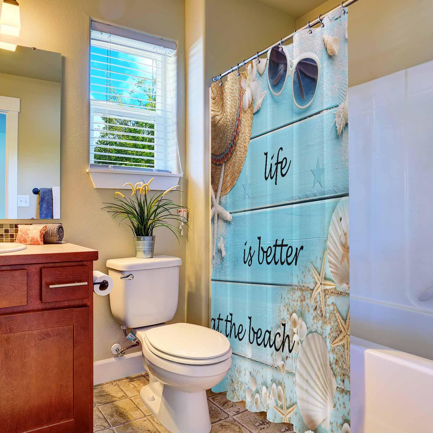 Woutay Shower Curtain Mould Proof Resistant Better Life at The Beach,Water Repellant Fabric,Polyester,Size 180x180CM - Image 4