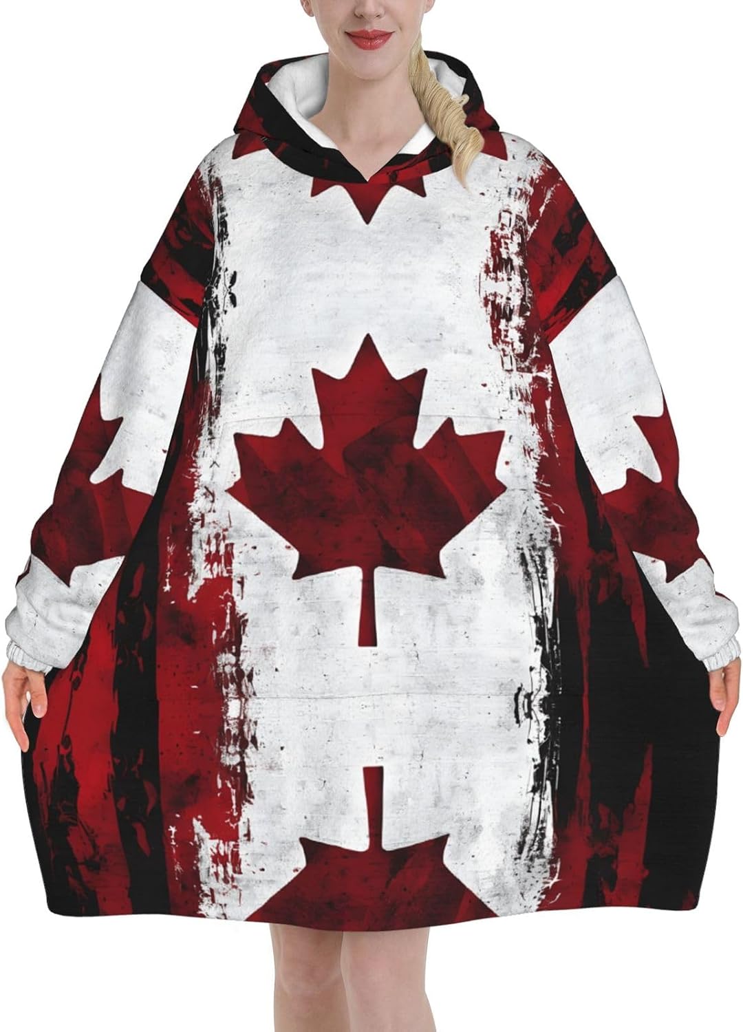 MUSM Retro Canada Flag Print Blanket Hoodie Fleece Sweatshirt Blanket With Sleeves And Pockets