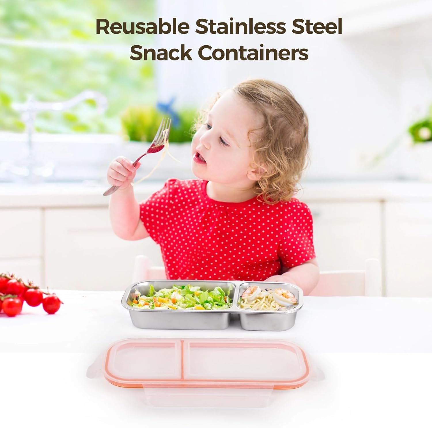 6 Pack Reusable Stainless Steel Snack Containers, Double Compartment Snack Box, Safe, Leak-proof, Ideal for Students with Black and White Lids