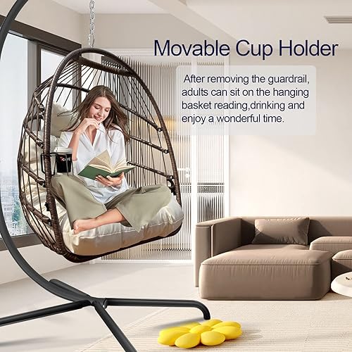 Miniatura 2 de JESE Silla columpio con soporte de mimbre, resistente a los rayos UV, impermeable, sillas colgantes con soporte para tazas, capacidad de 350 libras