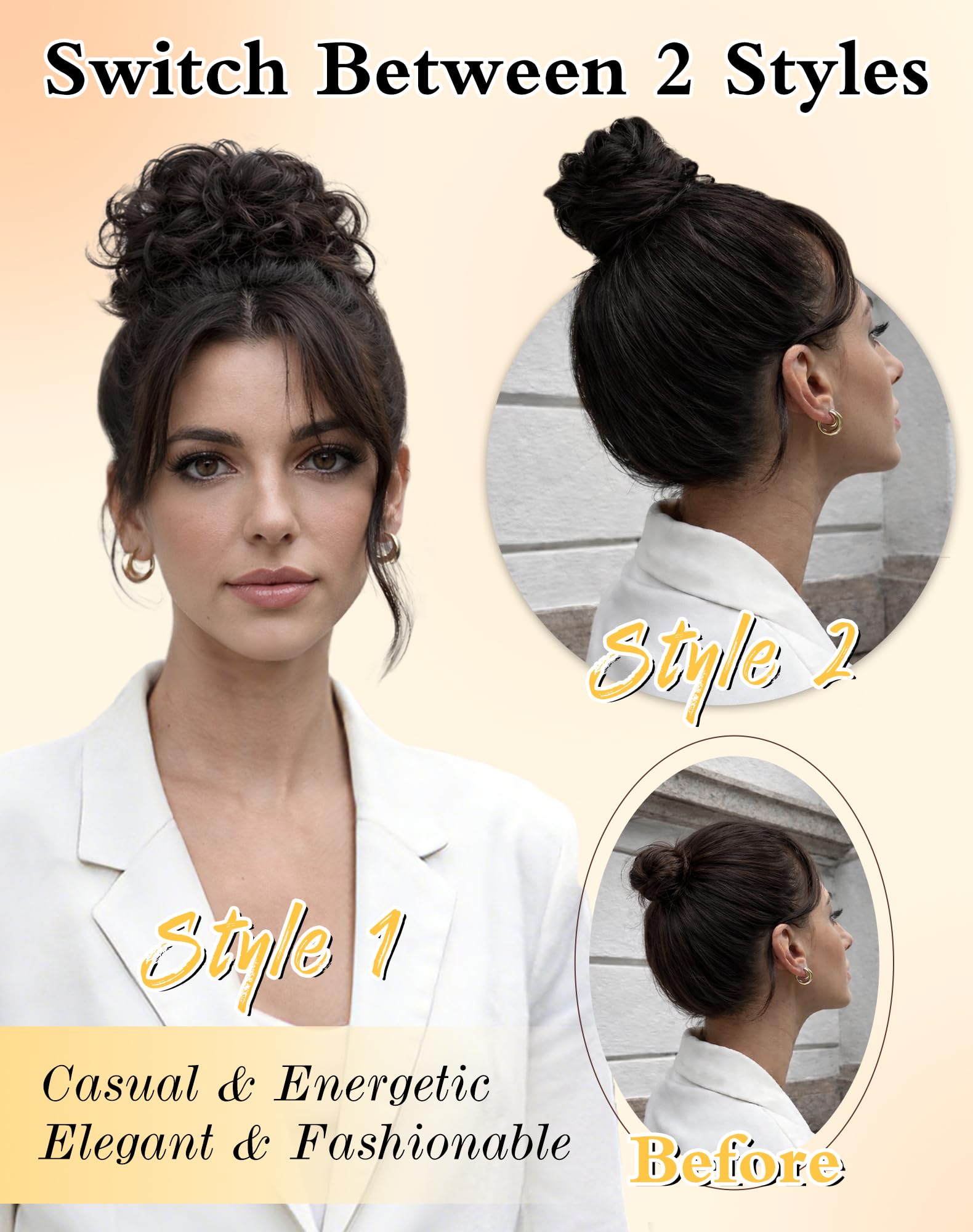 Haarteile für Hochsteckfrisuren, groß, gewellt, gelockt, Donut-Haarteile, Haargummis, Kunsthaar, Chignon, Pferdeschwanz, Haarverlängerung, dick, Hochsteckfrisur für Damen, Braun, Schwarz, 2