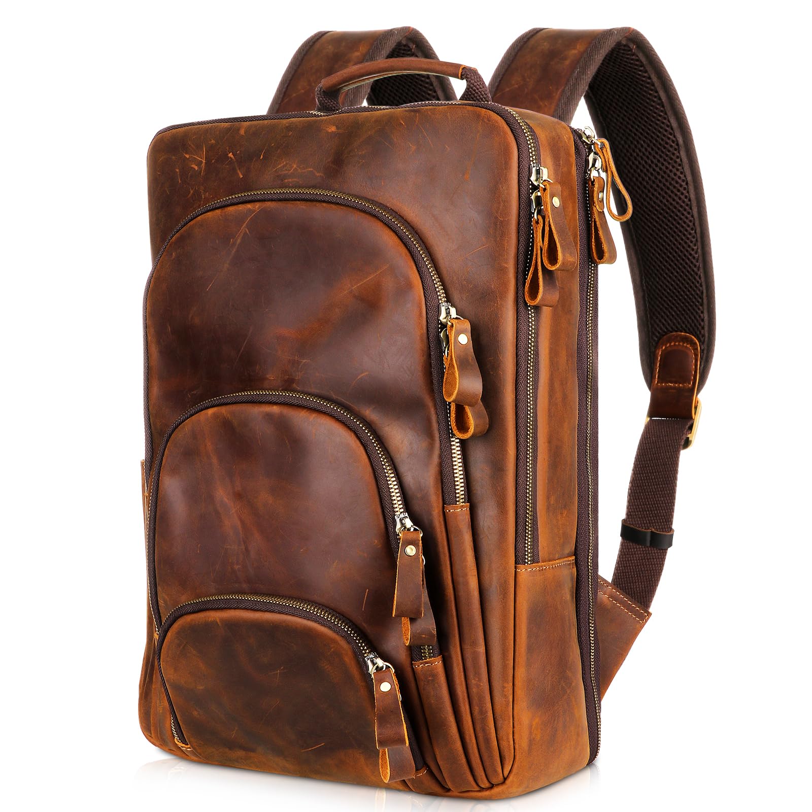 Fshsup Full Grain Leather Backpack 15.6" Laptop Bag Men's Vintage Genuine Leather Business Travel Hiking Camping Daypack