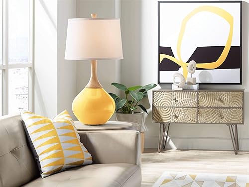 Miniatura 3 de Color + Plus Wexler - Lámpara de mesa moderna de 31 pulgadas de alto, barra dorada, cuello de madera de cristal amarillo, pantalla cónica blanca