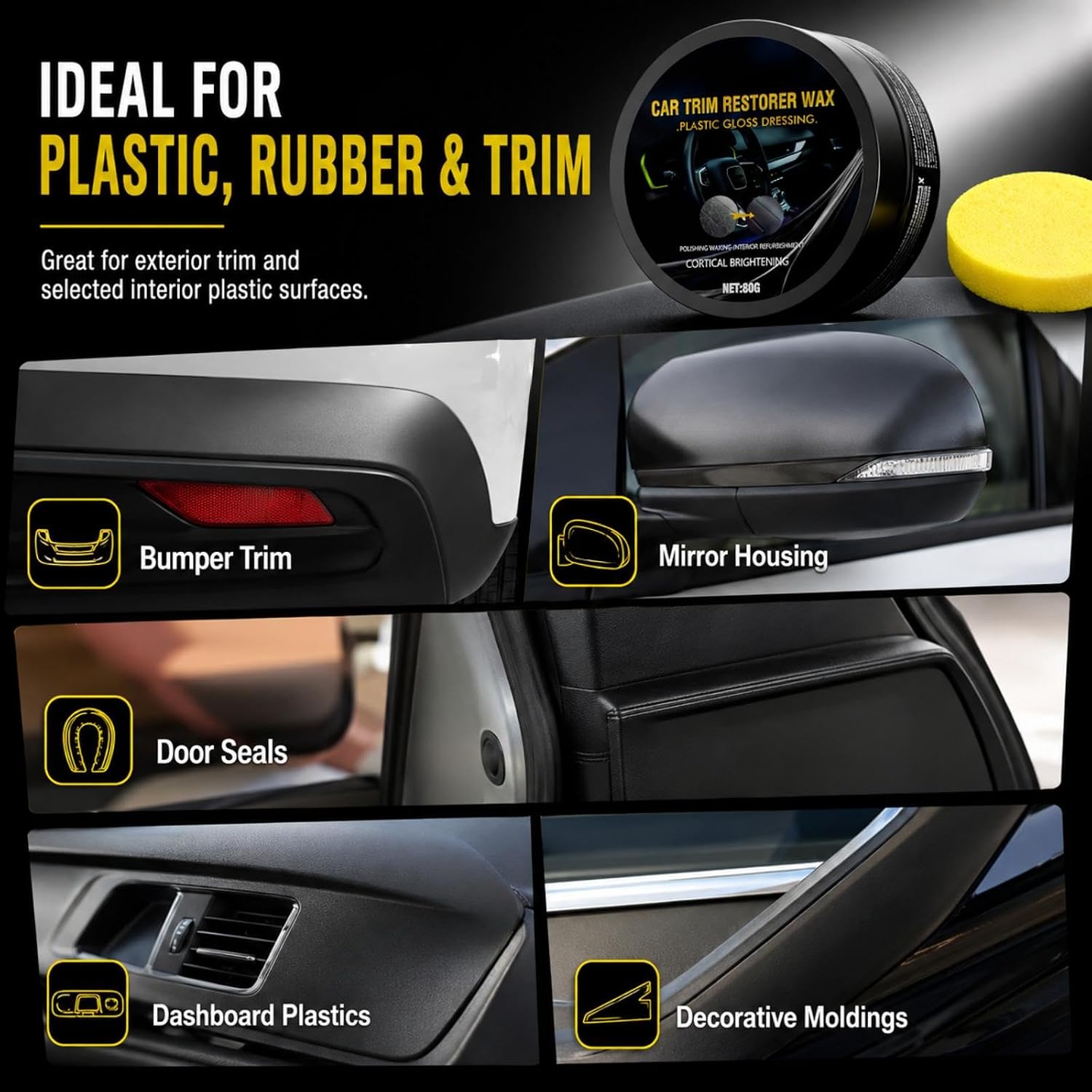 Plastic Restorer for Cars, Black Restoration for Interior & Exterior, 80g