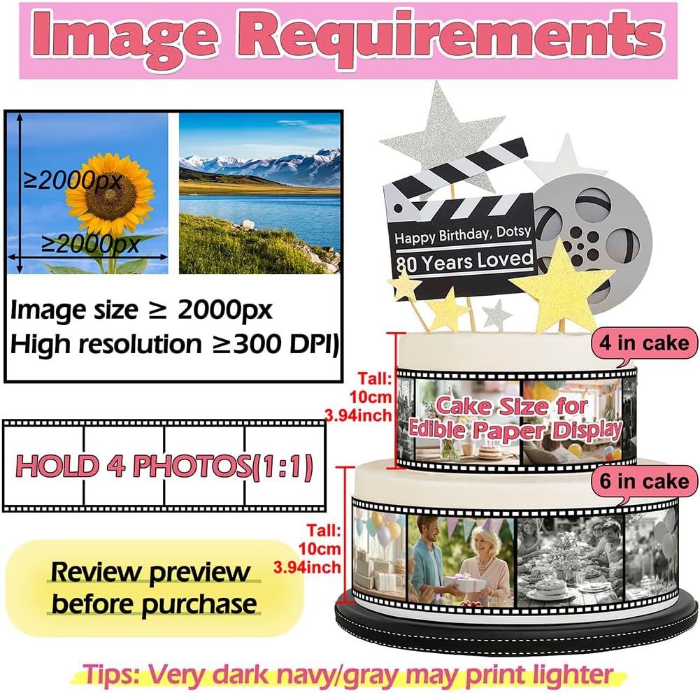 Custom Edible Cake Wrap Topper – 4 Photos (1:1), Film Strip Border, 10.2in L × 3in H
