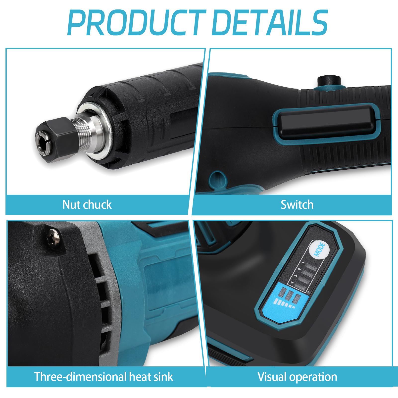 Lijadora recta con batería con 10 compartimentos, lijadora recta inalámbrica sin escobillas, compatible con batería Makita de 18 V con mango y portabrocas de 6 mm para grabar, lijar, pulir, taladrar