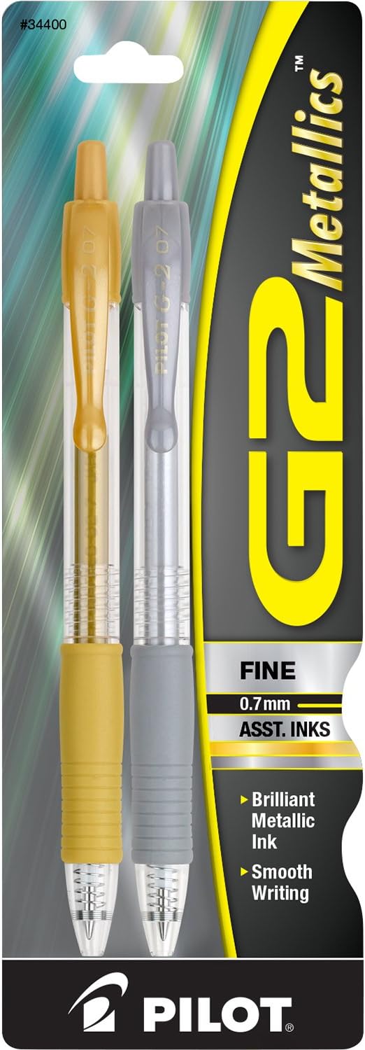 G2 Metallics Gel Roller Pens, Fine Point 0.7 mm, Gold & Silver, Pack of 2