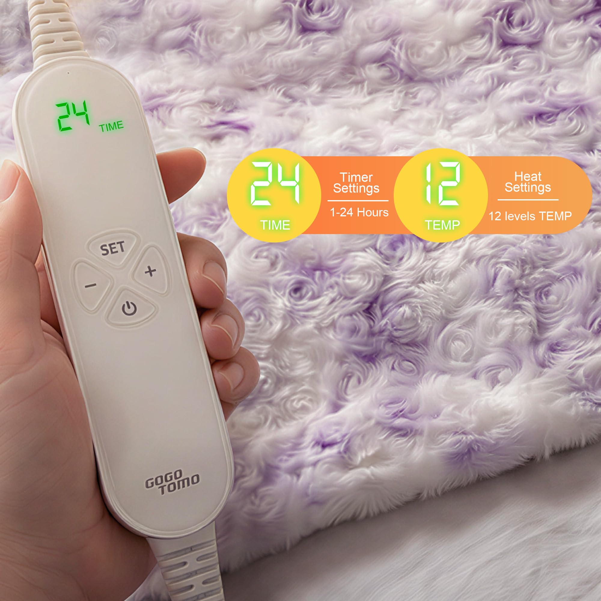GOQOTOMO - Cuscino riscaldante elettrico per schiena, vita, addome, spalle, collo, dolori e crampi, 12 livelli di calore, 8 timer, cuscino termico in peluche, lavabile in lavatrice, 30,5 x 61 cm