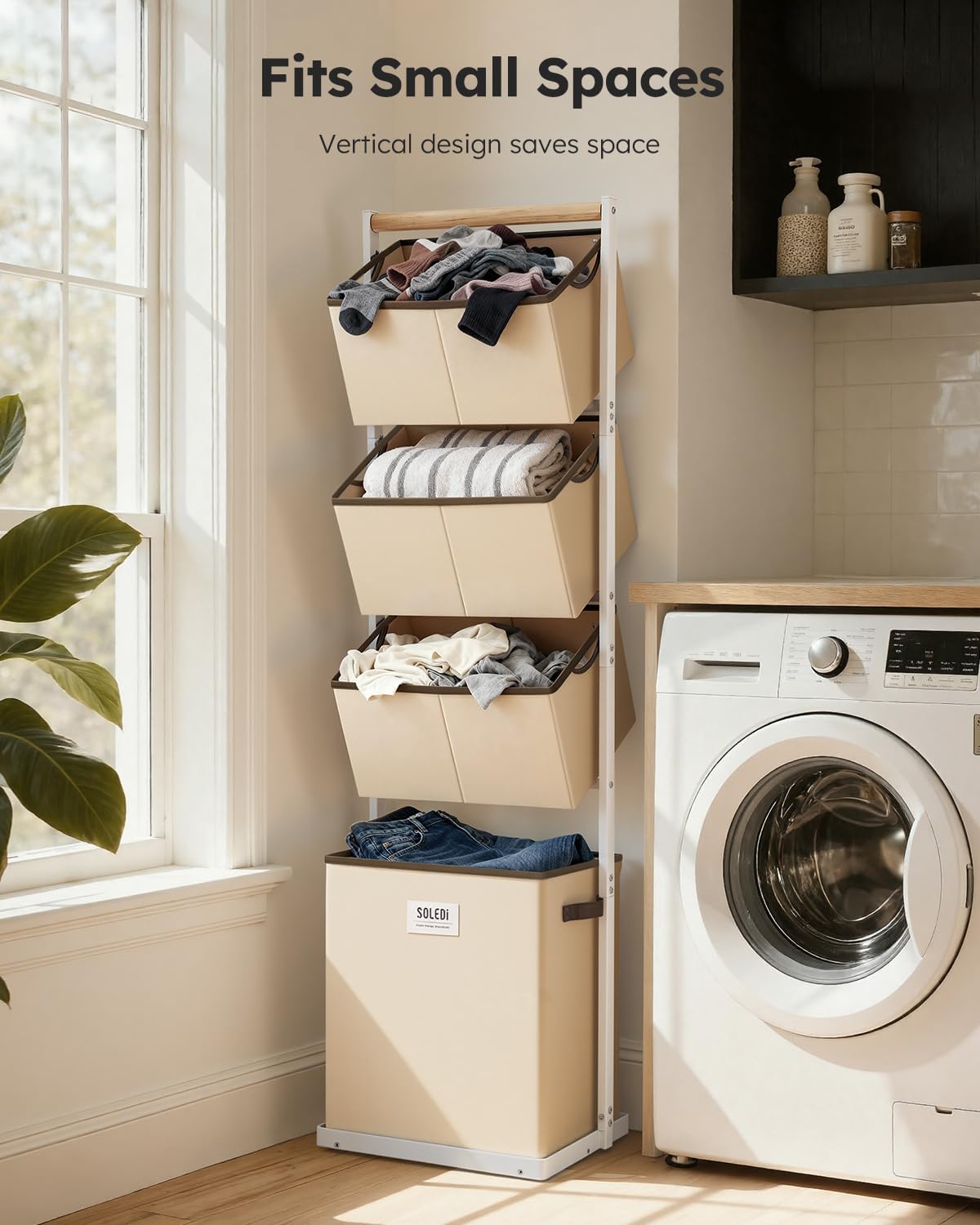 SOLEDI 4 Section Laundry Hamper Sorter, Stackable Laundry Basket Organizer with Removable Basket, 125L 4-Tier Vertical Laundry Sorter for Small Space, Laundry Room, Dorm, Bathroom, Wardrobe Beige