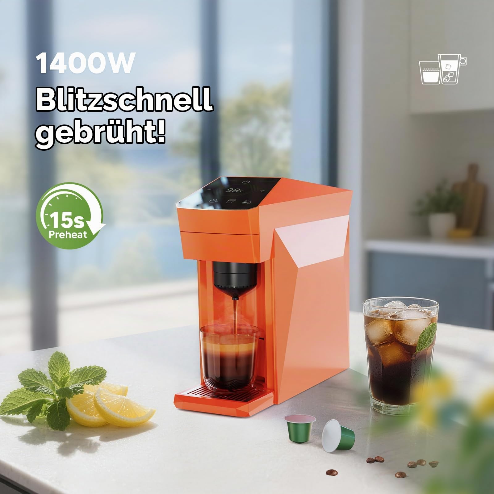 4 in 1 Disposable Coffee Machine, Espresso Machine 19 Bar für K-Cup Kapseln/Ne-spresso OriginalLine/Do-lce Gusto/Gemahlenen Kaffee, 800ml Kapazität, Vibrant Orange