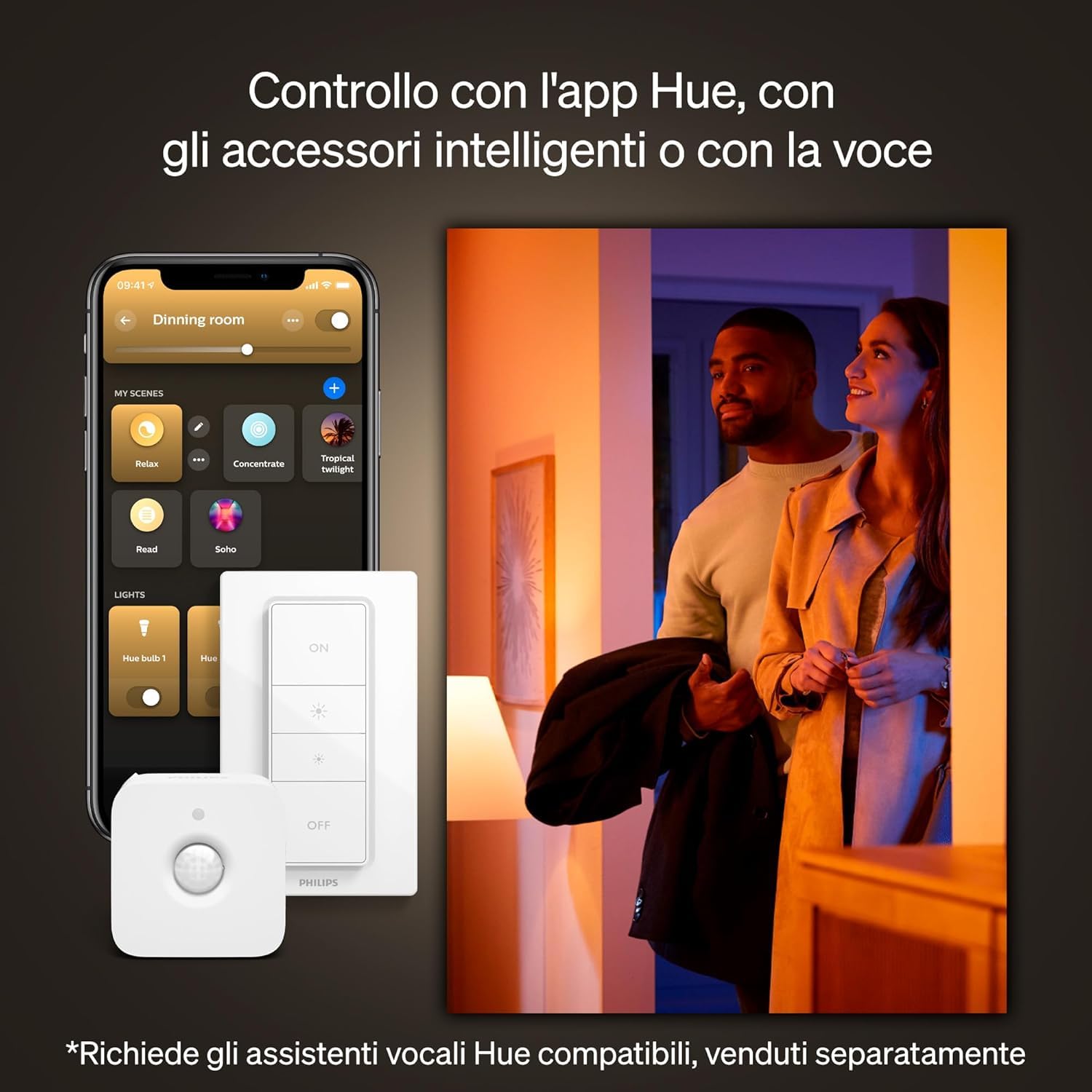 Philips Hue White Ambiance Adore, Faretto LED Smart da incasso, luce da bagno dimmerabile, Rotondo, Bianco, 3x4.2W, Telecomando Dimmer Switch incluso