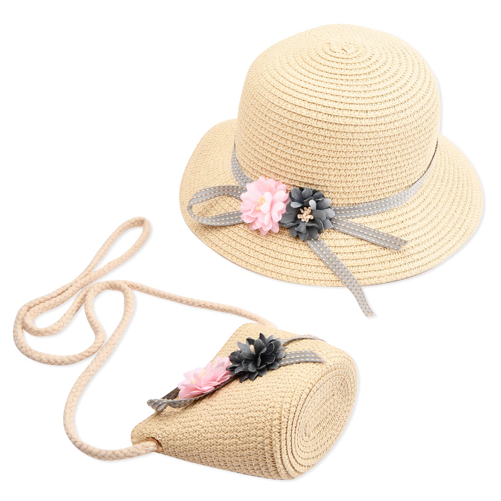 Naseom Conjunto de Sombrero y Bolsito de Paja para Niñas con Detalles de Flores - Gorra de Sol y Accesorio de Playa para Niñas de 3 a 7 Años