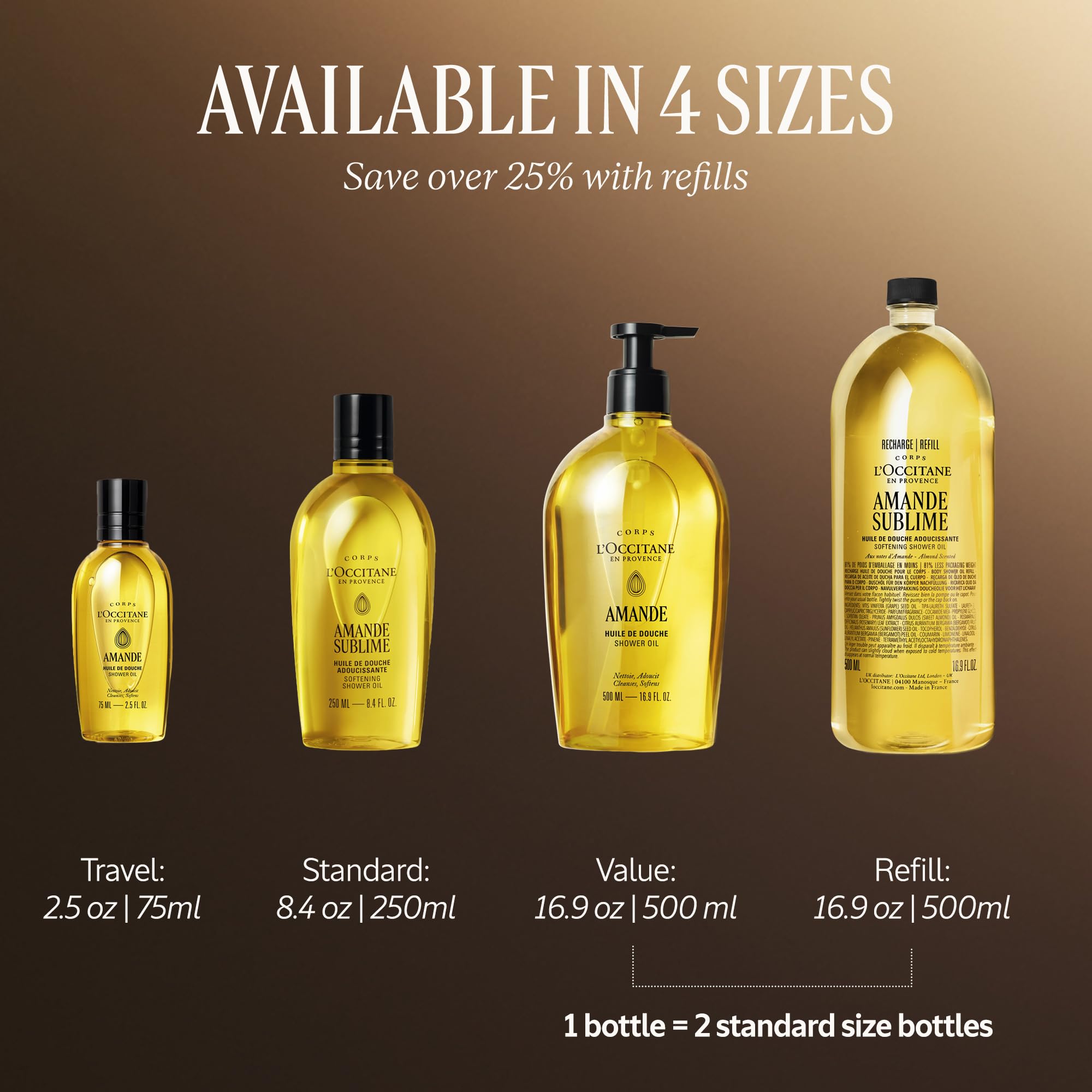 L'OCCITANE - Uzupełnienie migdałowego olejku pod prysznic (Amande Sublime) - 500 ml - Wygładza i ujędrnia - Wyprodukowano we Francji