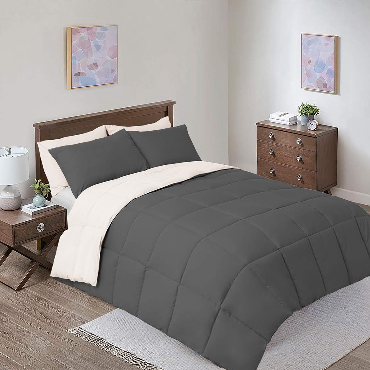 Reversible Down Alternative Comforter, Medium Warmth (44-Ounces of Fill) King-California King Size Blanket, Charcoal-Cream