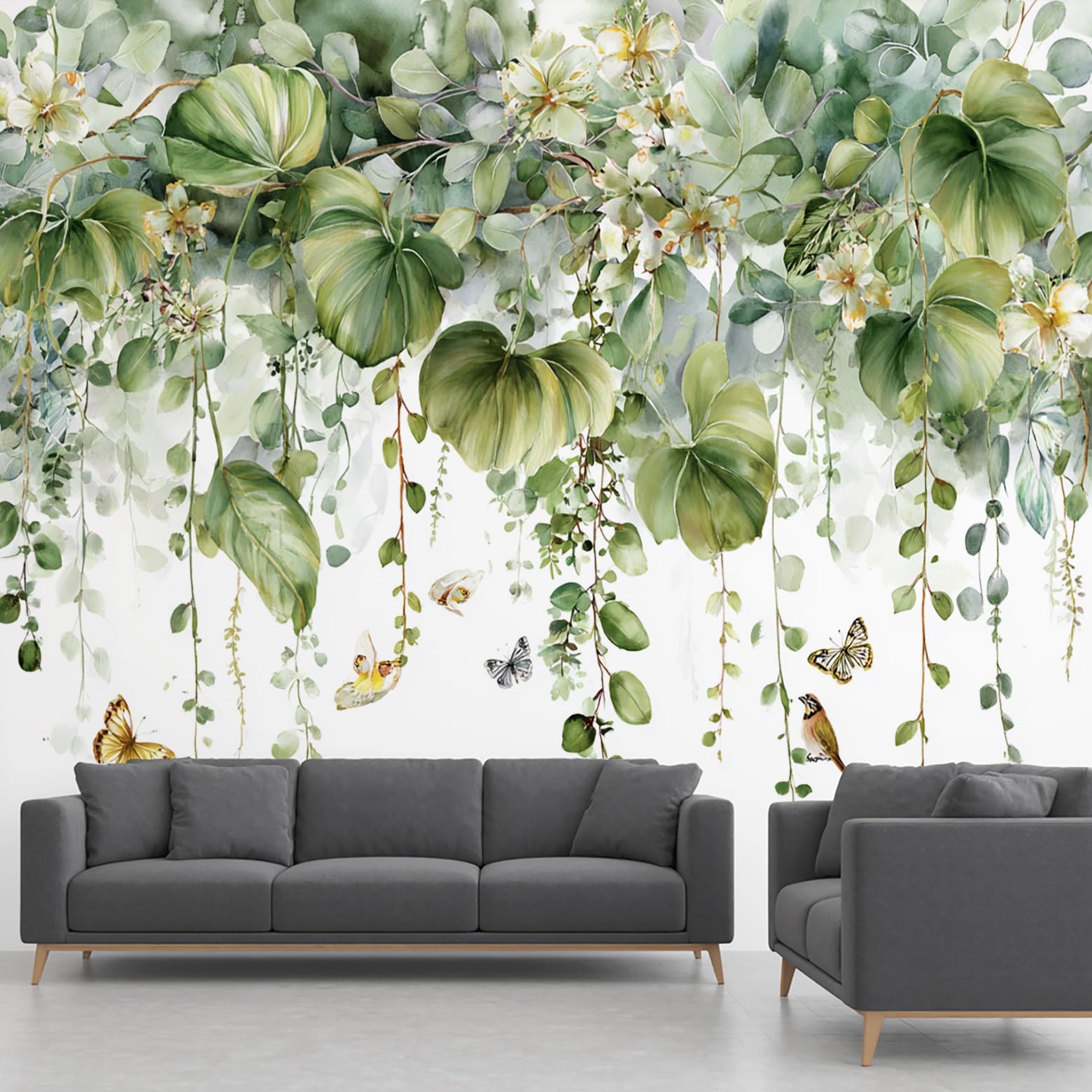 Eucalyptus Leaves Wallpaper for Living Room, Watercolor Vine Flower Butterfly Floral Bird Mural, Panoramic Wall Mural for Bedroom Living Room Hallway Restaurant Home Decoration – 352x250 cm Wall Paper