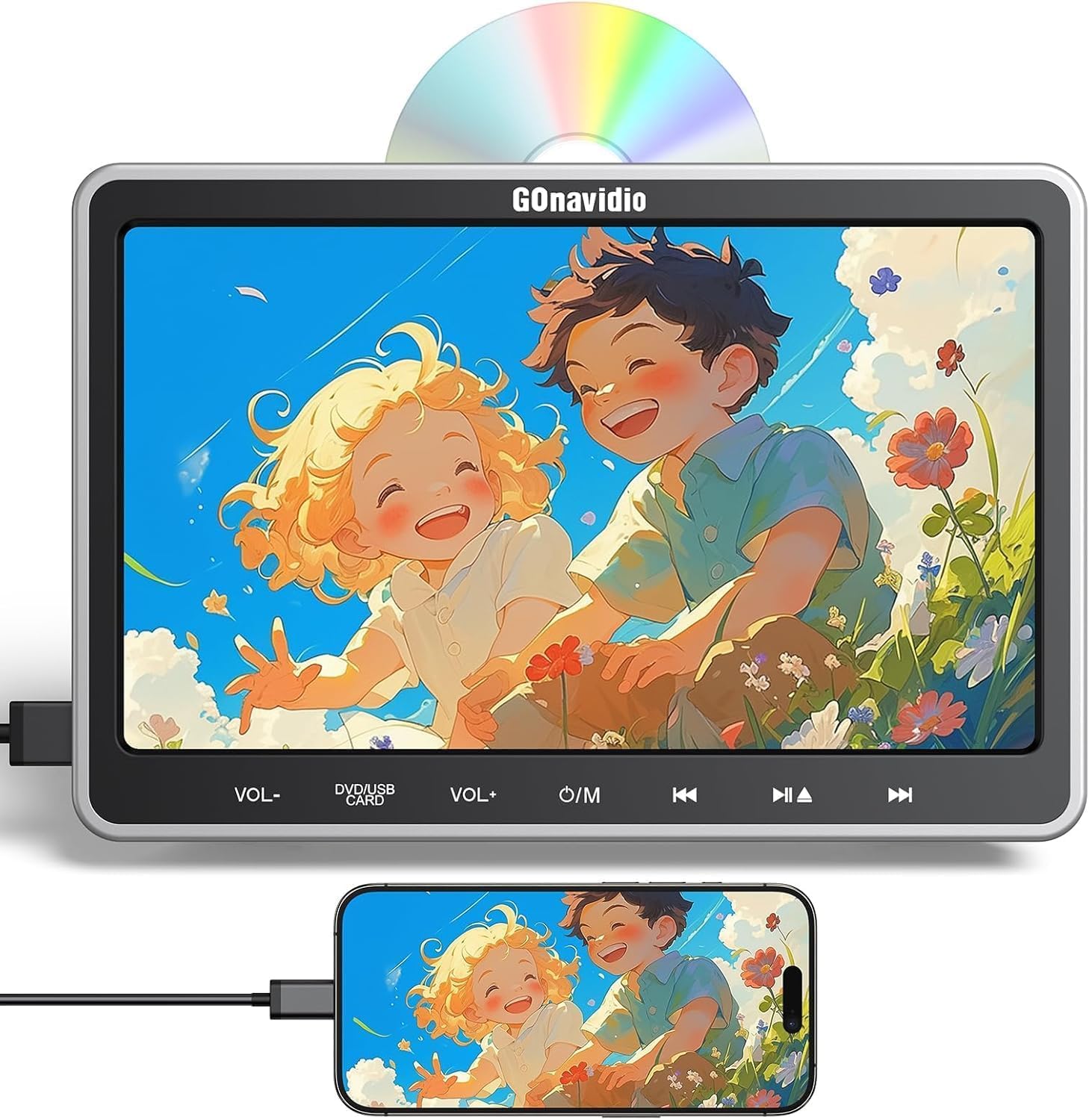 GOnavidio Lettore DVD per Auto 10,1'' con Ingresso HDMI, Lettore DVD per Auto con Supporto per Poggiatesta, Supporto video 1080P, Scheda USB/SD, AV IN/AV OUT, Resione Libera (No Batteria)