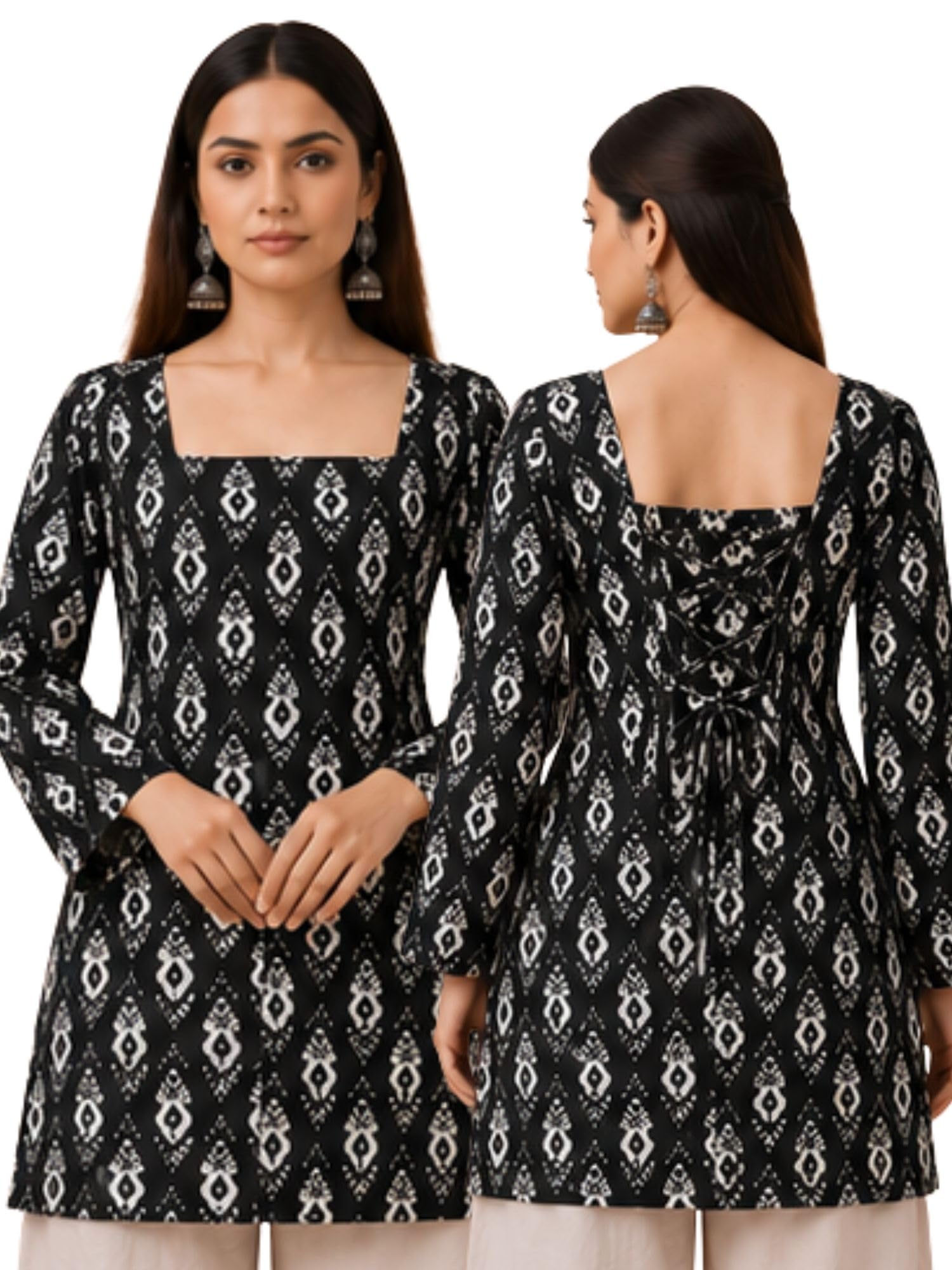 Rayon Printed Straight Short Kurti for Women | Square Neck Full Sleeves Kurta | Floral Print | Lace-Up Back Design | Hip Length Ethnic Tunic Top | Casual-picture-23