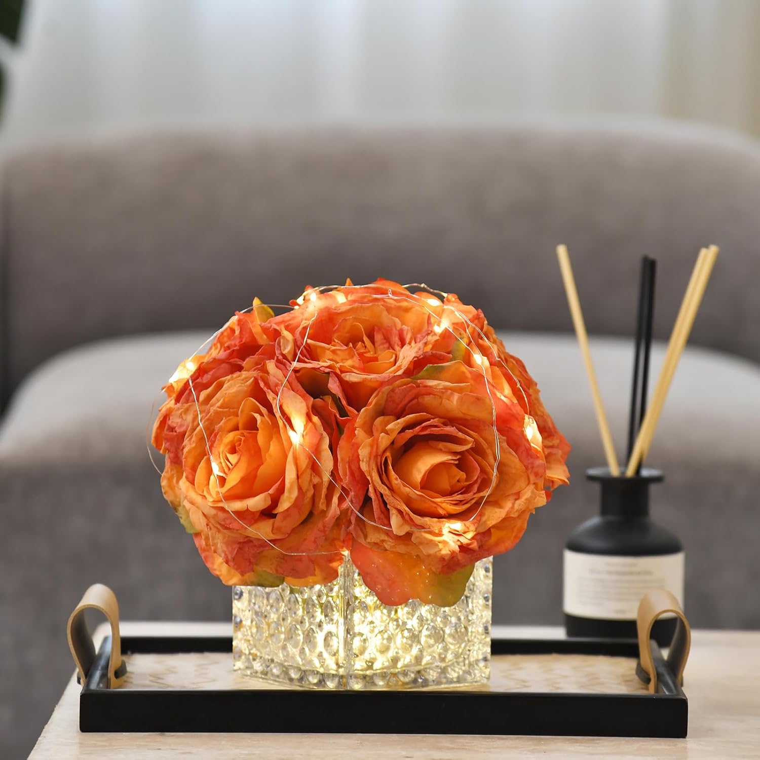 Artificial Rose in Glass Vase Vintage Silk Flower Arrangement with LED Light for Table Centerpiece Home Wedding Decoration (Orange) - Image 2
