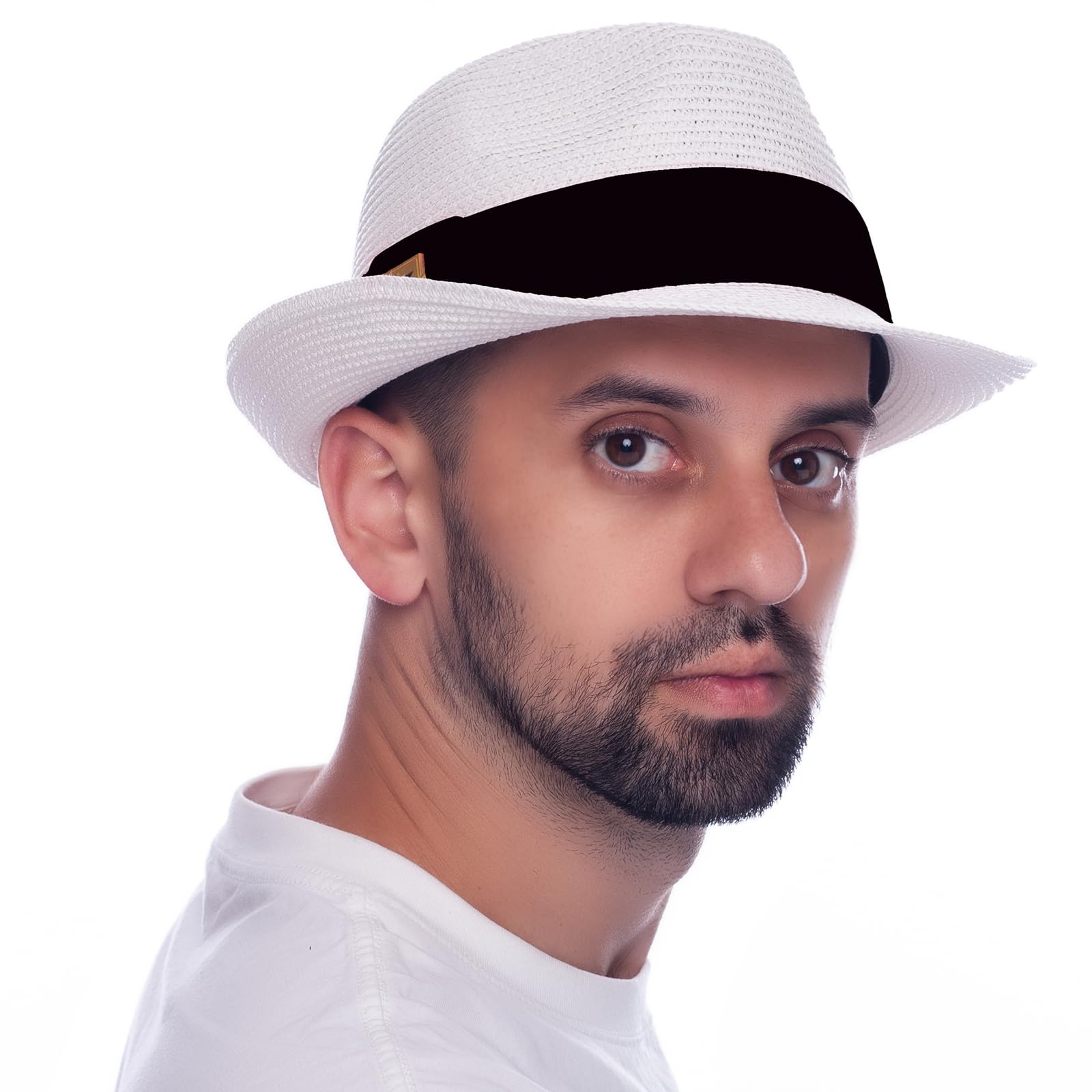 HEYANN Sombrero de Paja Fedora para Mujer, Sombrero de Paja para Hombre Sombrero de Paja en Trilby Fedora para Hombres panamá Sombrero de Verano para Caballeros(Blanco, L)