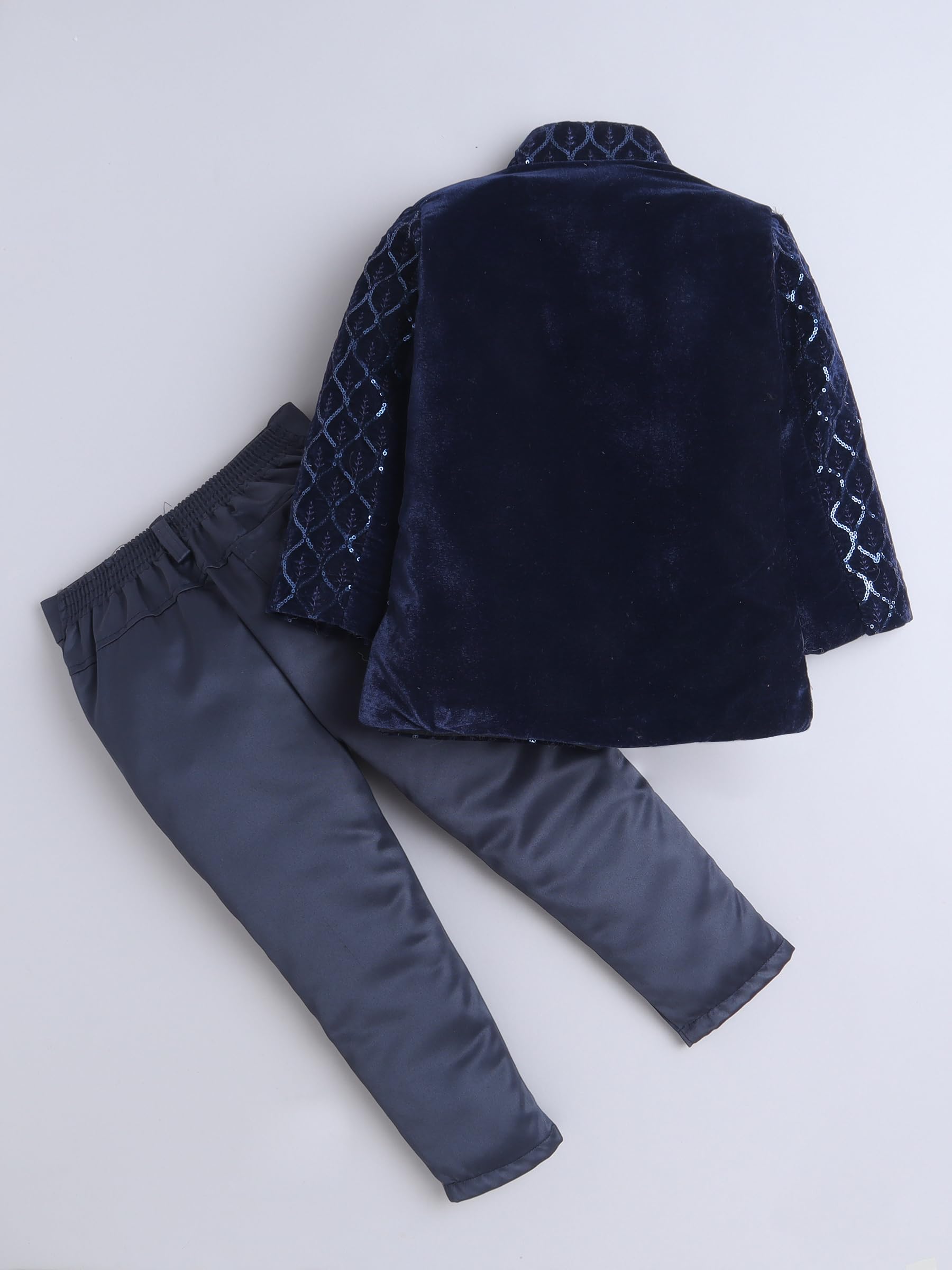 Boys Velvet Leaf Motifs Sequined Jodhpuri Blazer & Trouser Set- Navy Blue 1
