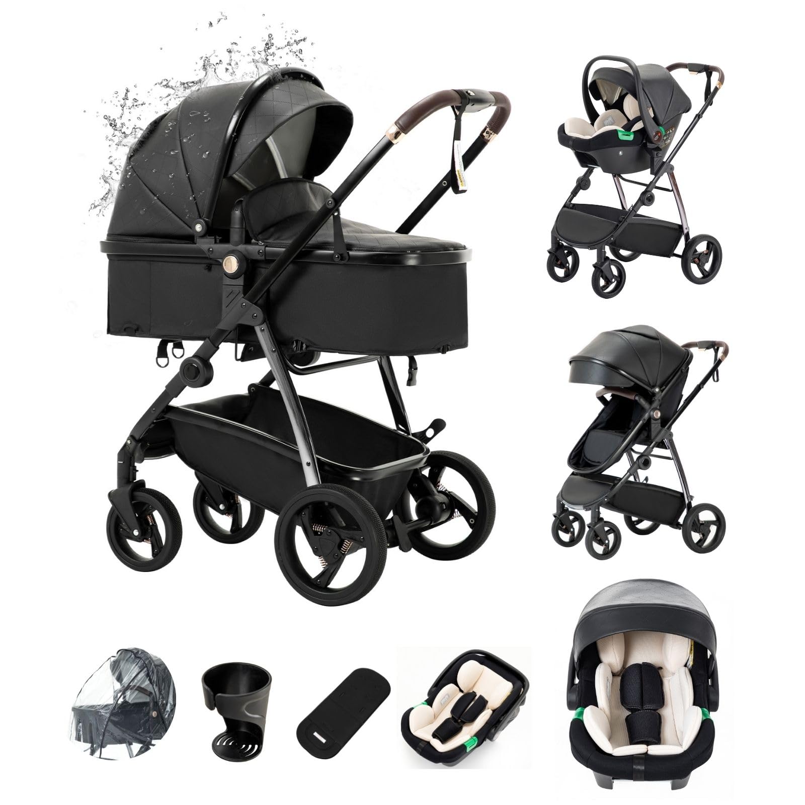 Cueros 3 en 1 Carrito Bebé, Cochecito Bebe con Asiento de Coche ECE R129, Cochecito Combinado Plegable One Click, Alta Vista Estructura de Aluminio Cochecito para Recién Nacido(22KG, 0-4Años)
