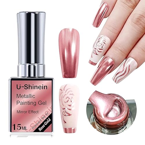 Gel de metal dolorido de 0.5 onzas líquidas, pintura metálica mejorada en oro rosa, esmalte de uñas de espejo de dibujo 3D, esmalte de gel brillante