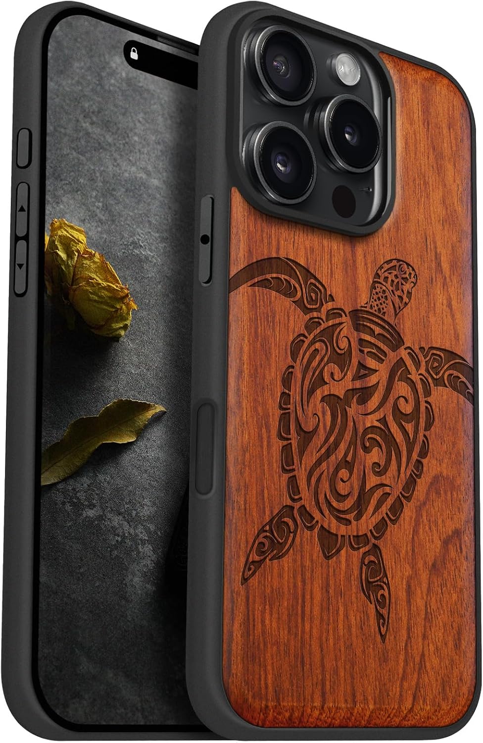 Carveit Magnetic Wooden Case for iPhone 16 Pro Case, Wood Artisan Engraved & Black Soft TPU Shockproof Cover, Compatible with MagSafe Wireless Chargers (Maori Ethnic Style Turtle Design) Rosy