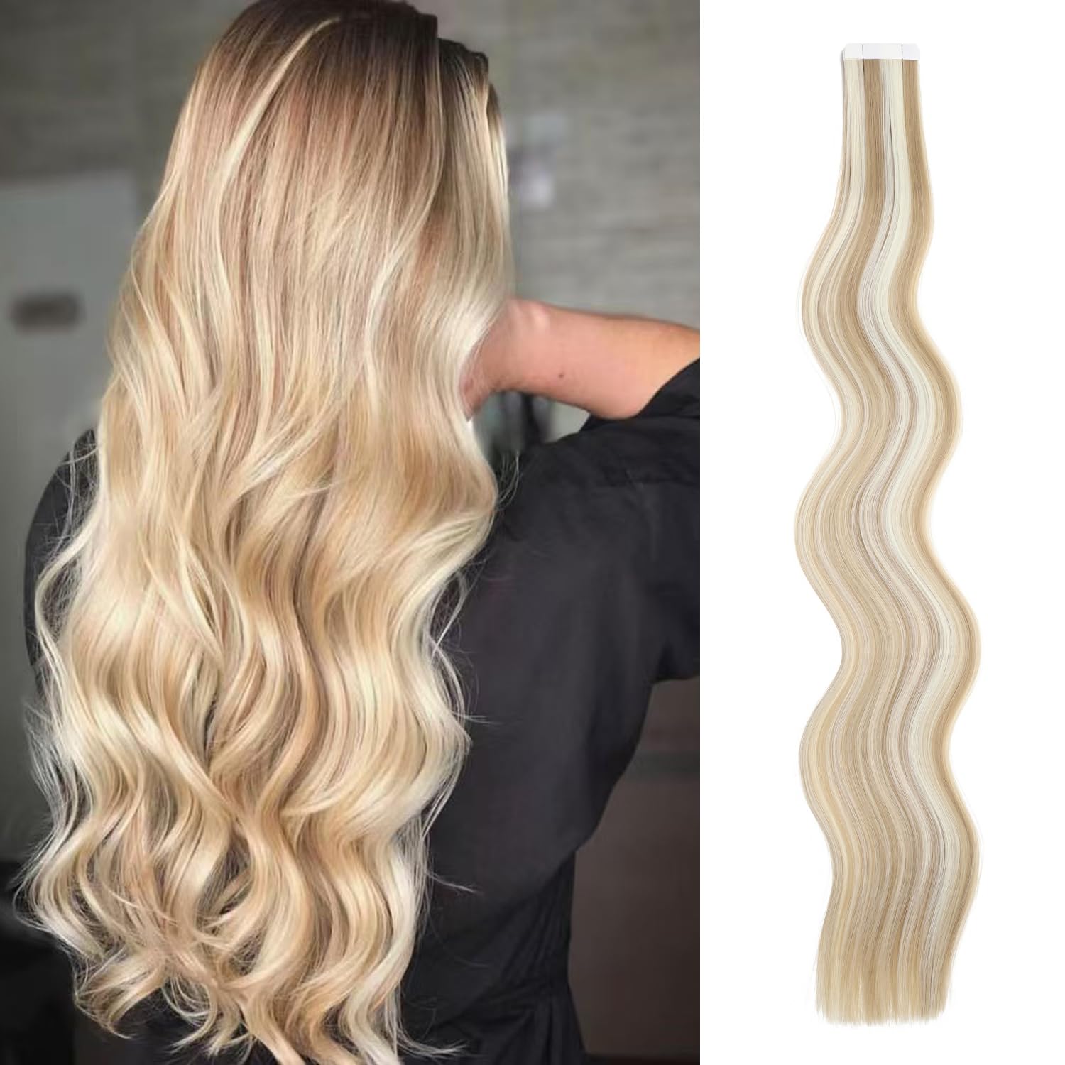 YONGYI Tape-In Hair Extensions, 10 Pcs, 20 Inch Blonde, Wavy, Curly Wavy, Synthetic, Invisible, Natural Blend, Versatile for Weddings, Parties, Daily