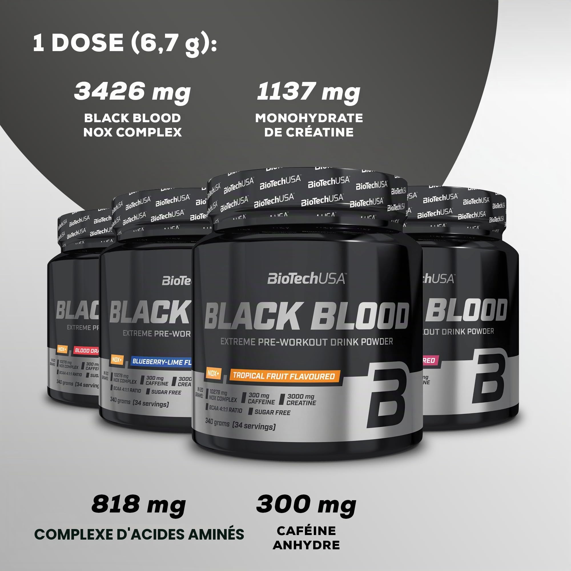 BioTechUSA Black Blood NOX+ | Pré-entraînement avec créatine & caféine | Citrulline, arginine & bêta-alanine | Vitamines B & C pour réduire la fatigue | Sans sucres | 340 g | Myrtille-lime
