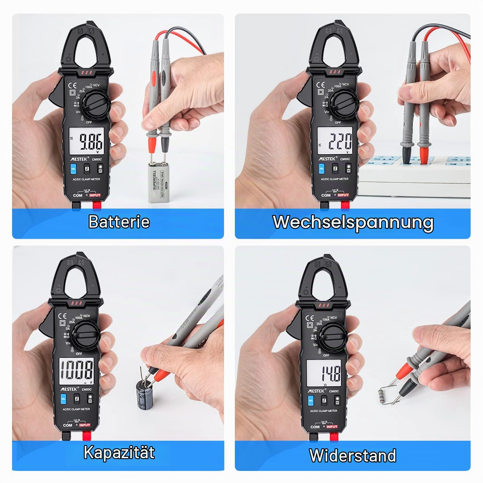 Stromzange Digital Zangenmultimeter MESTEK AC DC Clamp Multimeter Strommessgerät True-RMS 600V 100A Auto-Ranging Amperemeter Strom Spannung Tester Temperatur Widerständ Kapazität Dioden Durchgang NCV