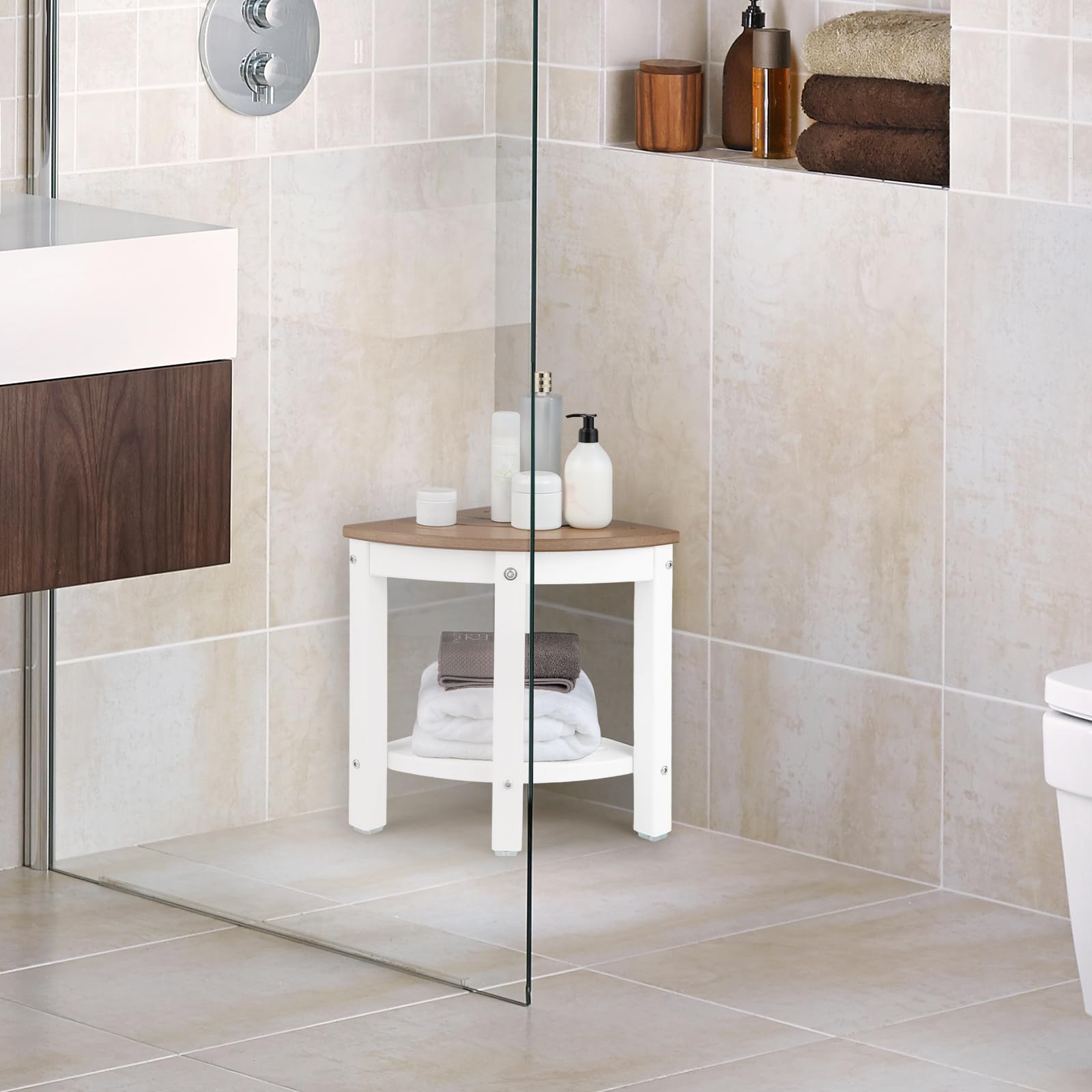 RELAX4LIFE Eck-Duschbank, HDPE-Duschhocker mit Ablage, Badezimmer-Fußstütze für Kleine Räume, Wasserdichter Duschhocker bis 150kg Belastbar, 2-stufiger Organizer für Innendusche, Braun+Weiß