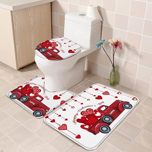 Juego de alfombras de baño de 3 piezas, diseño de camión rojo, corazón, día de San Valentín, suave, antideslizante, alfombra de baño absorbente,