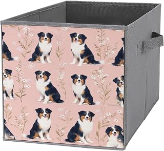 Australian Shepherd Floral Pink Storage Bins Foldable Closet Organizer Cube Storage Organizer with Handles 10.6 X 10.6 X 10.6 Inches