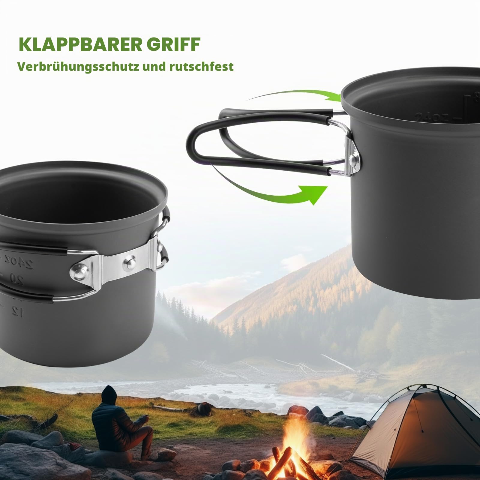 Campingkocher Gas Kocher Camping Topf Set, 1,1L | Outdoor Kochtopf mit faltbarem Griff, leicht und kompakt für Trekking Wandern Bushcraft