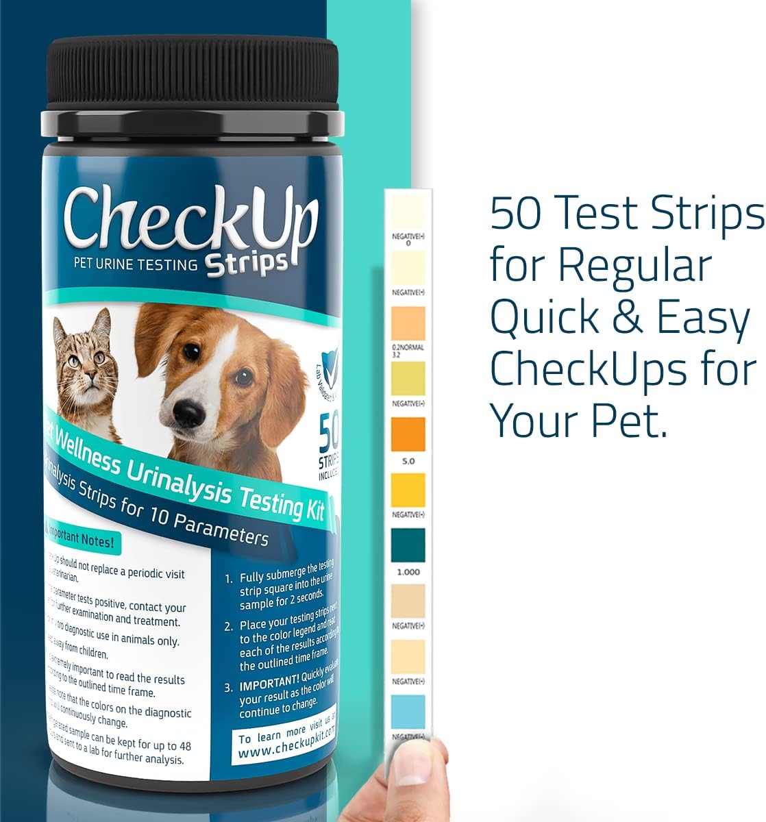 CheckUp 10 Parameters Urine Test Strips for Cat and Dog x 50, Monitoring pet Health, Detects Urobilinogen, Glucose, Bilirubin, Ketone, Specific Gravity, Blood, pH, Protein, Nitrite, Leukocytes