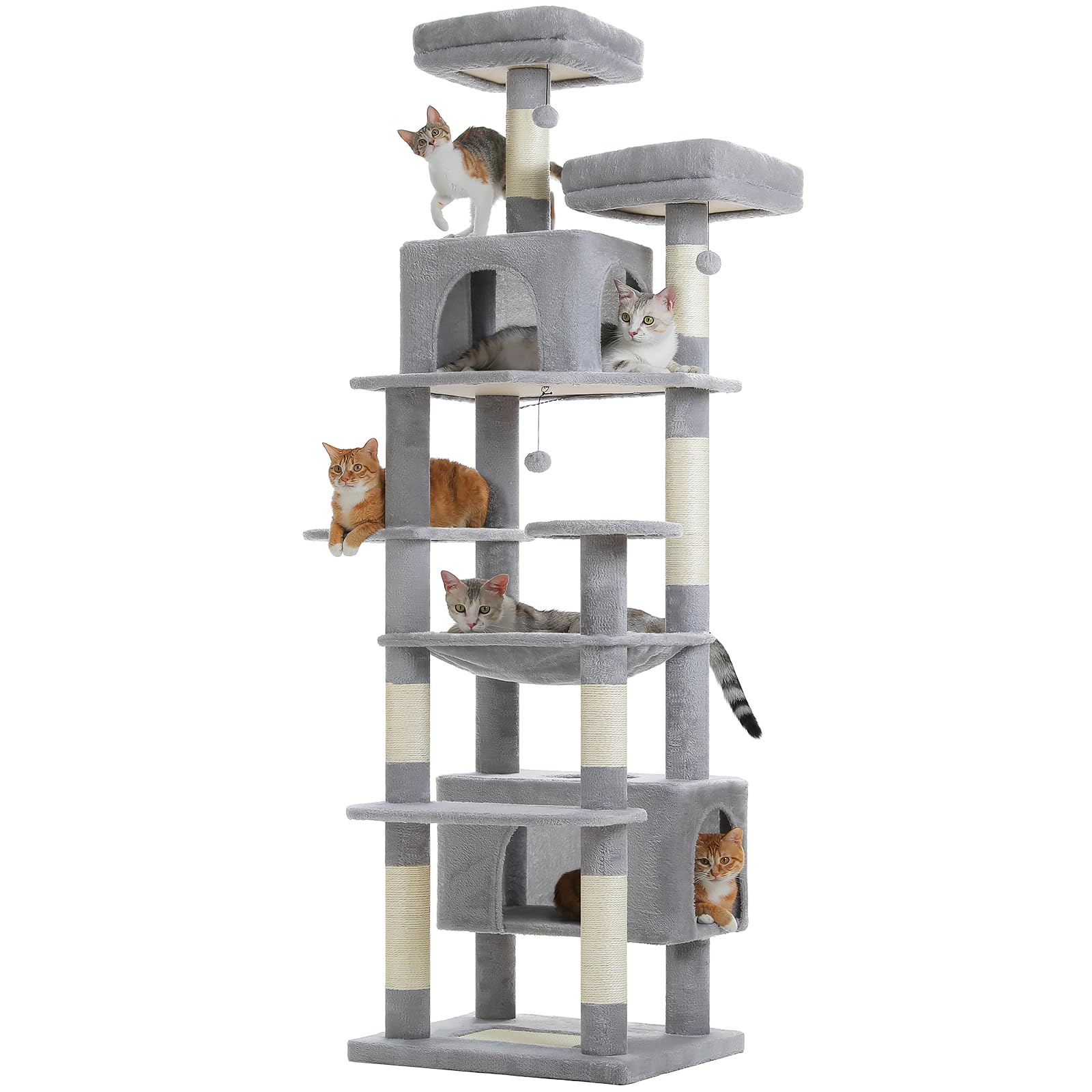 PAWZ Road Heavy Duty Cat Tree for Large Cats, 81 Inches Tall Cat Tower with 2 Perches, 2 Condos and Spacious Hammock, Large Condo with 7 Scratching Posts for 20lb+ Adult Cats, 205cm Grey XL